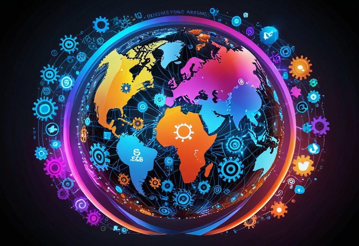 A dynamic scene showing interconnected gears, each labeled with SEO, Social Media, and Digital Marketing, powering a glowing globe symbolizing global online presence. The background features vibrant digital and social media icons, with a rising graph representing growth. The scene is energetic and futuristic. super-realistic. vibrant colors. 3D.