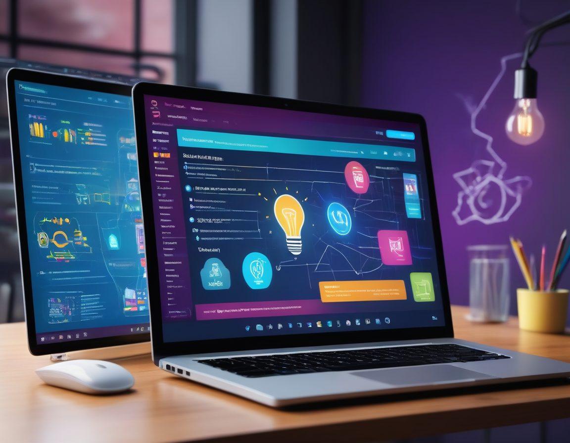 A dynamic illustration of a sleek and modern laptop screen displaying diverse stages of web development; from wireframing and designing to coding and launching. Include icons representing tools like HTML, CSS, JavaScript, and modern frameworks, with arrows connecting each stage. Show a contrast between an idea lightbulb and a launched website on a bright, vibrant digital landscape. vibrant colors. super-realistic. 3D.