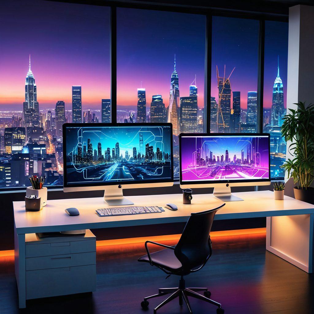 A futuristic workspace featuring a sleek computer with vibrant web design elements like wireframes, code snippets, and colorful graphics floating around it. The background showcases a city skyline symbolizing digital growth. dynamic lighting. modern design. vibrant colors.